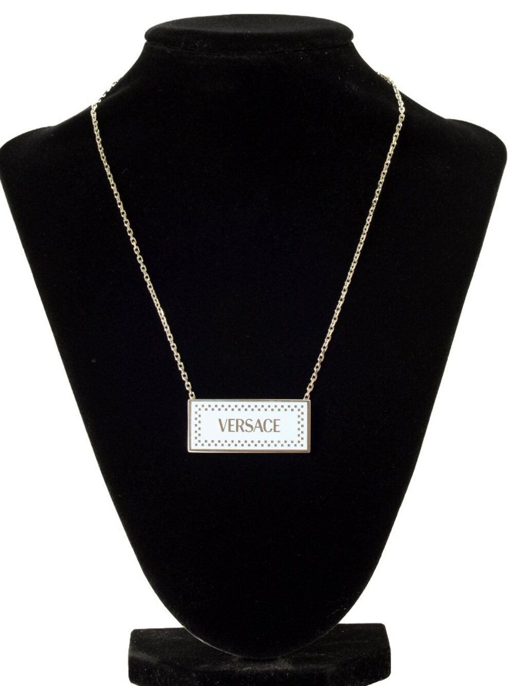 Versace Silver Color Metal Logo Print On Blue Enamel Pendant Necklace